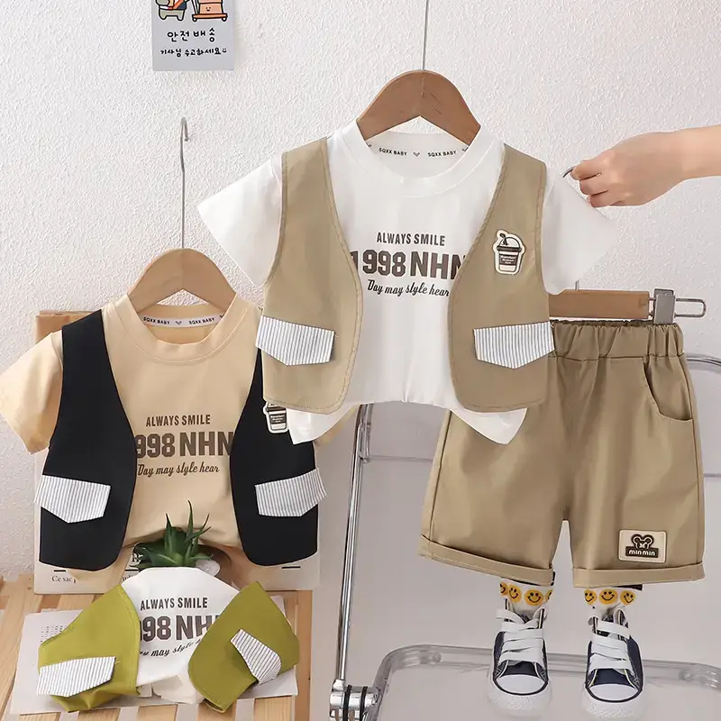 3-Piece Boys Summer Suit White Black Green Shorts Set — feature 3