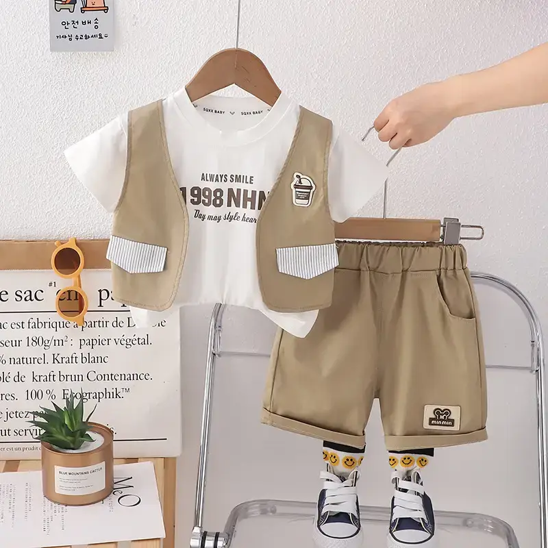 3-Piece Boys Summer Suit White Black Green Shorts Set — feature 4