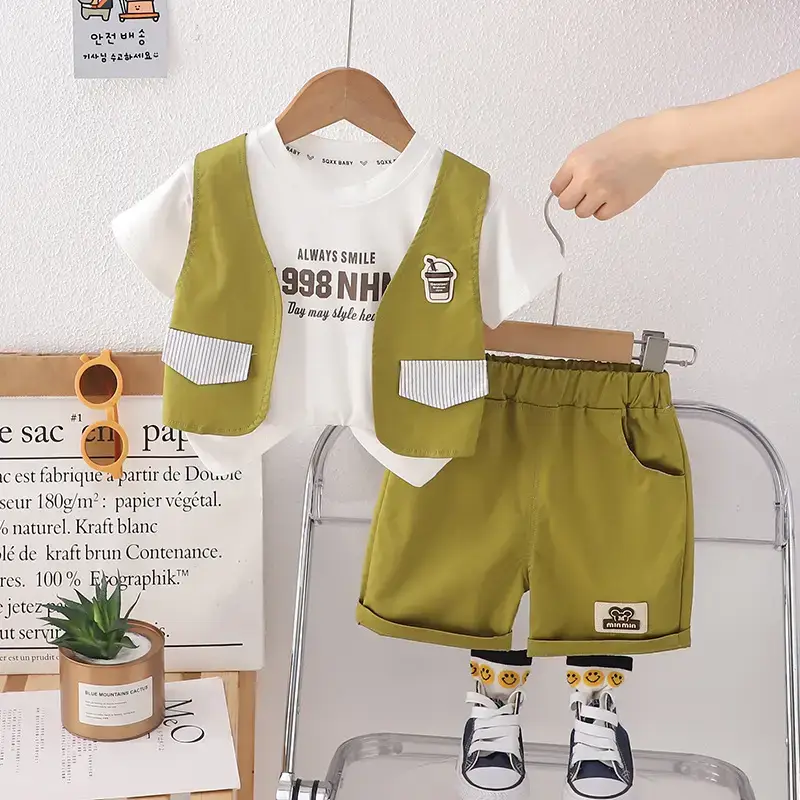 3-Piece Boys Summer Suit White Black Green Shorts Set — feature 6