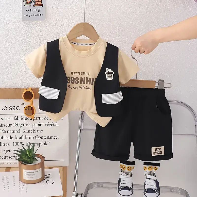 3-Piece Boys Summer Suit White Black Green Shorts Set — feature 7
