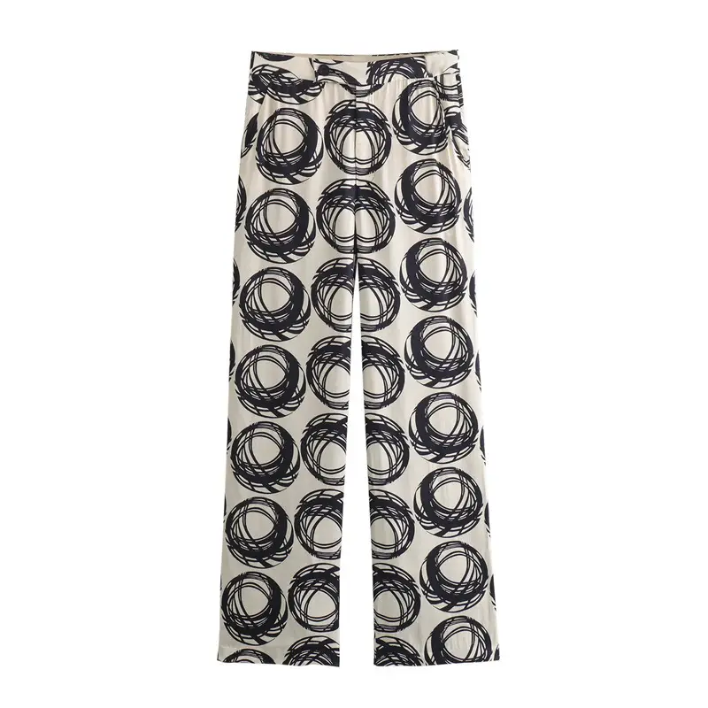 Cross-border 2024 Spring New Women's Clothing European and American Silk Satin Texture Printed Shirt Straight Pants Set 4043045