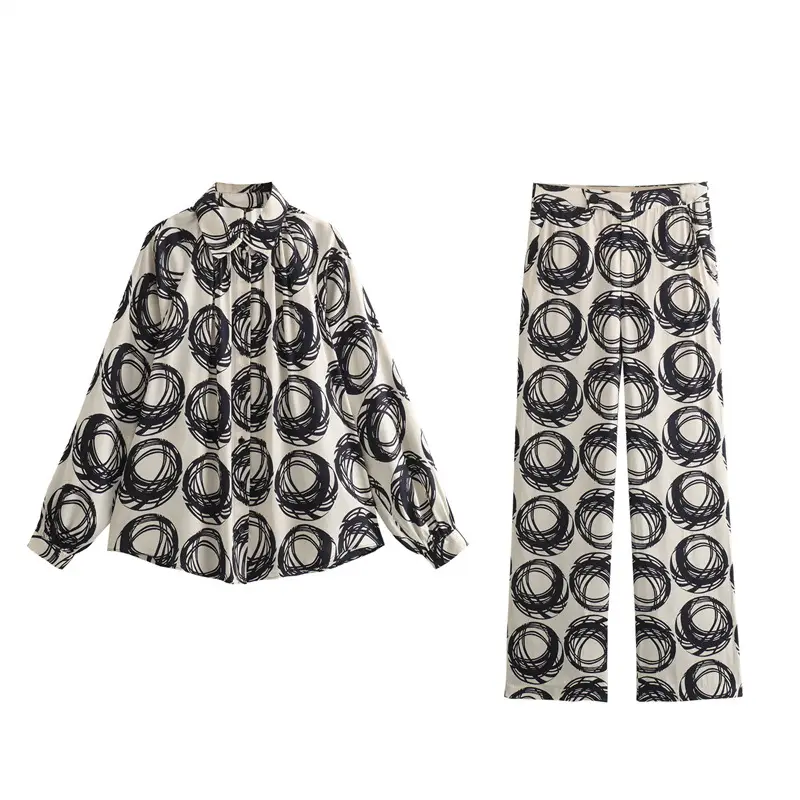 Cross-border 2024 Spring New Women's Clothing European and American Silk Satin Texture Printed Shirt Straight Pants Set 4043045