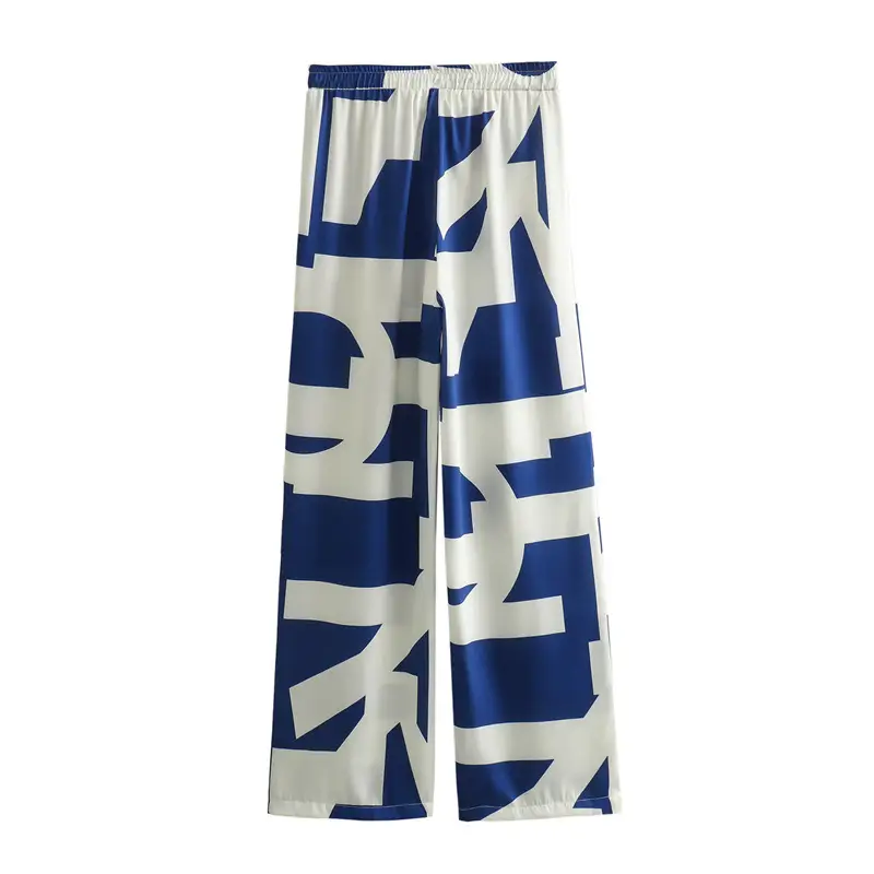 Cross-border 2024 Spring New European and American-style Printed Lapel Long-sleeved Silk Satin Texted Shirt Casual Pants Set for Women — feature 8