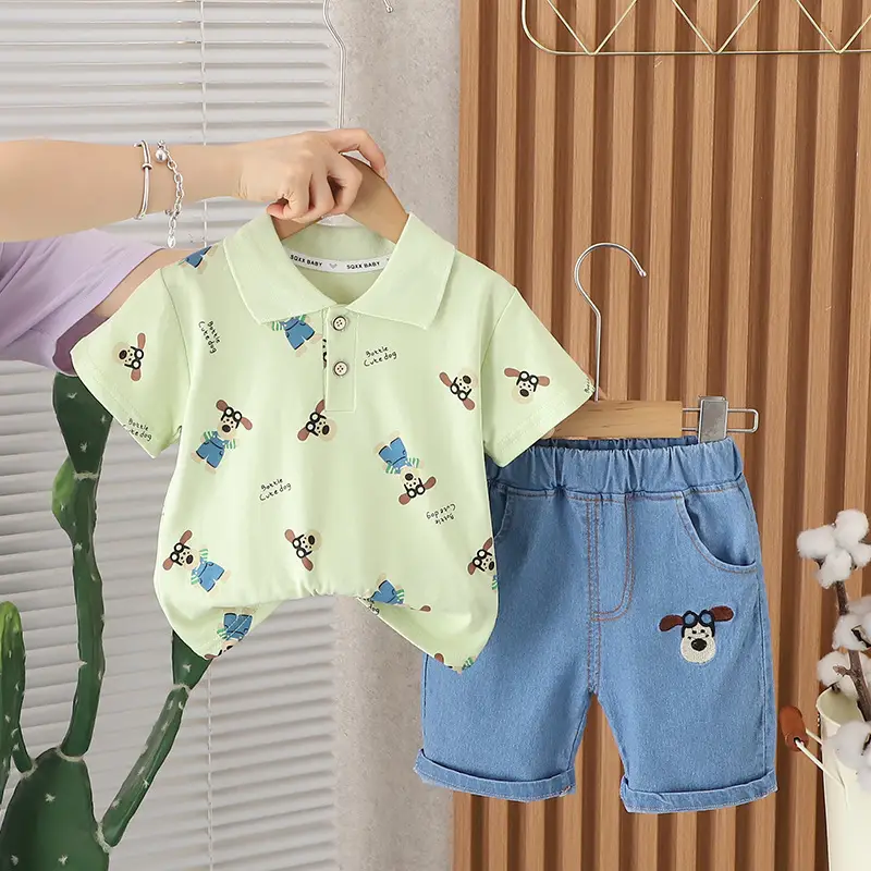 2024 Boys Lassel T-Shirt Shorts Set Light Green Blue 1-5Y
