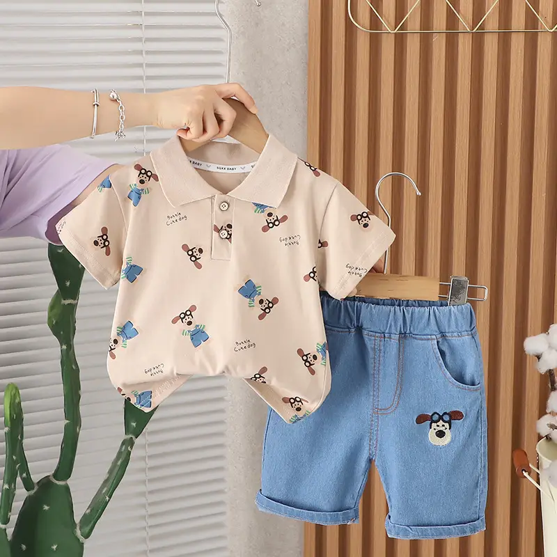 2024 Boys Lassel T-Shirt Shorts Set Light Green Blue 1-5Y