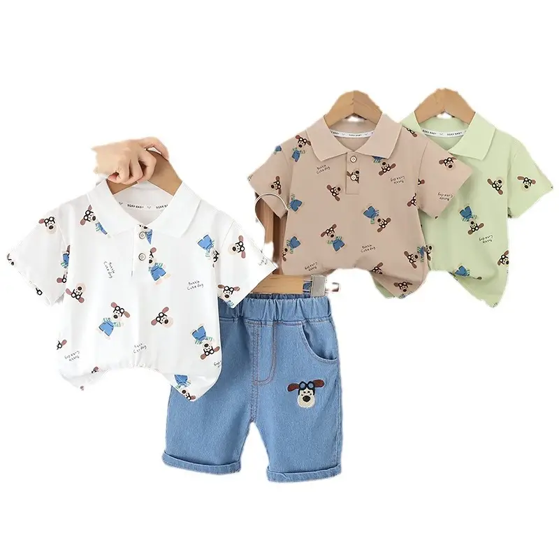 2024 Boys Lassel T-Shirt Shorts Set Light Green Blue 1-5Y