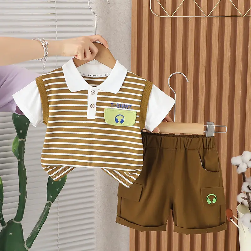 Foreign trade boys striped T-shirt shorts set 0-4 - Image 3