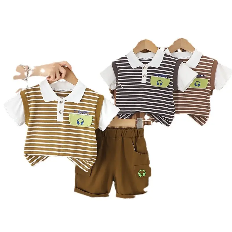 Foreign trade boys striped T-shirt shorts set 0-4 - Image 5