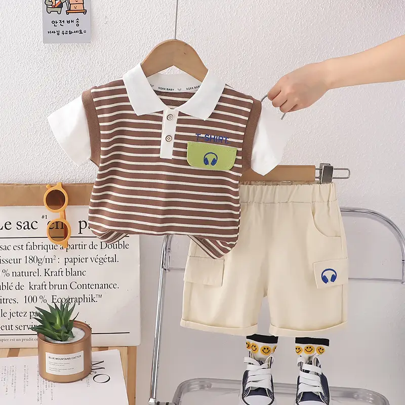 Foreign trade boys striped T-shirt shorts set 0-4 — feature 6