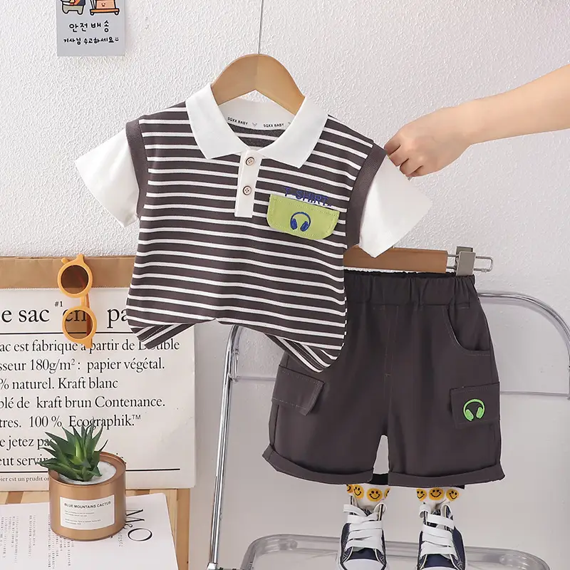 Foreign trade boys striped T-shirt shorts set 0-4 — feature 7