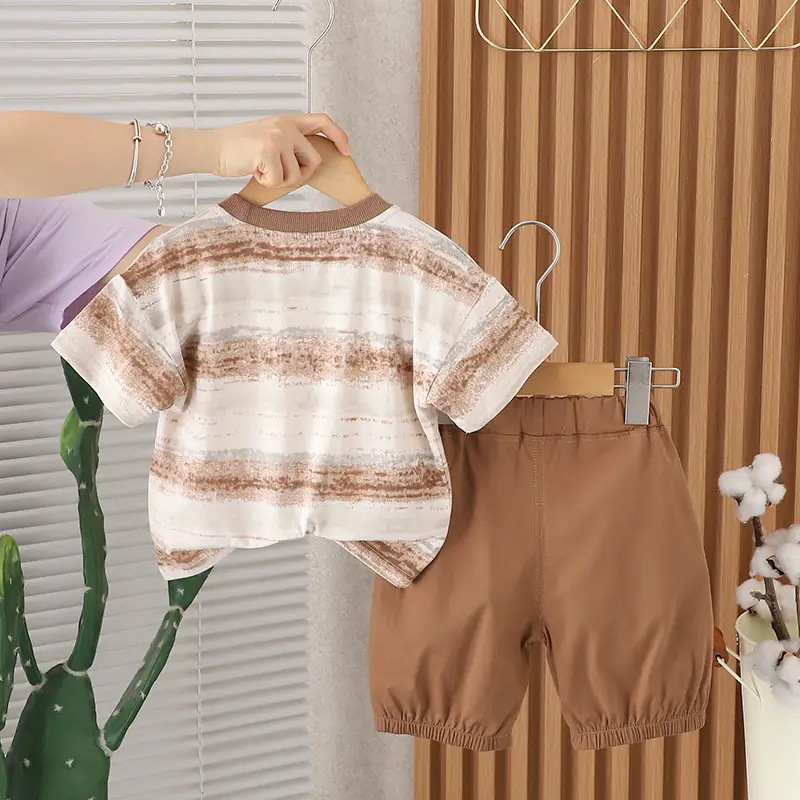 Children's Cartoon Print T-Shirt Shorts Set Brown Blue - Image 4