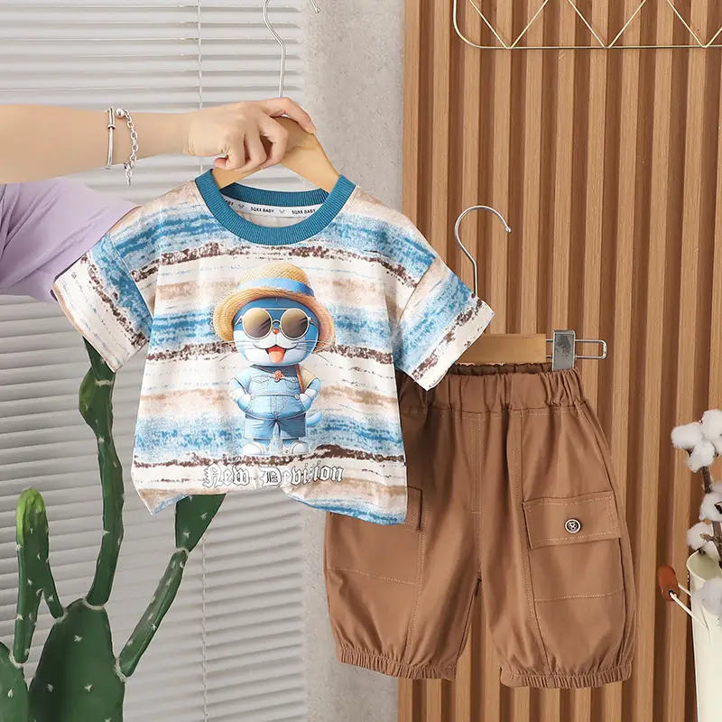 Children's Cartoon Print T-Shirt Shorts Set Brown Blue - Image 2