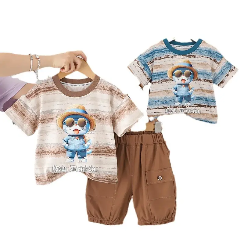 Children's Cartoon Print T-Shirt Shorts Set Brown Blue - Image 5