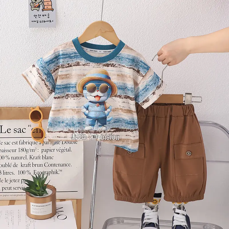 Children's Cartoon Print T-Shirt Shorts Set Brown Blue — feature 6