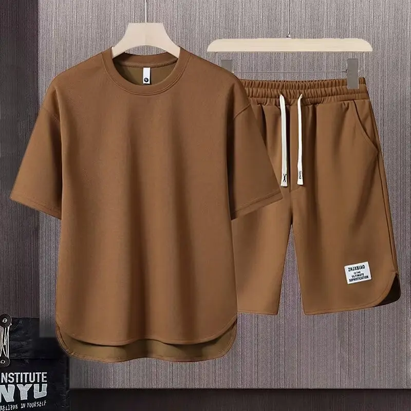 Men Brown Casual Shorts Set with Zip Front