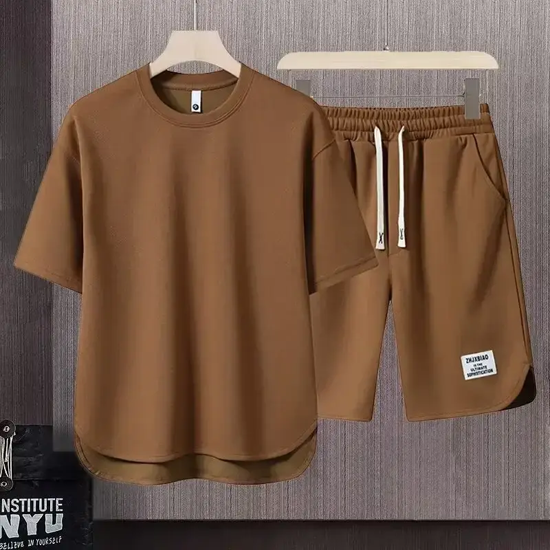 Men Brown Casual Shorts Set with Zip Front