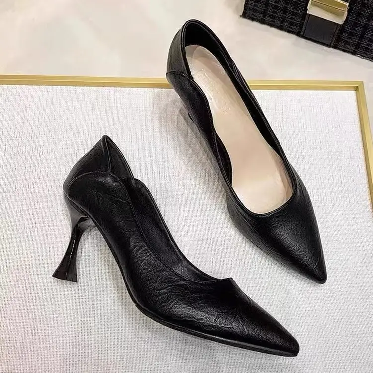 French Pointed Stiletto Heels Women Black Spring Summer - Image 3