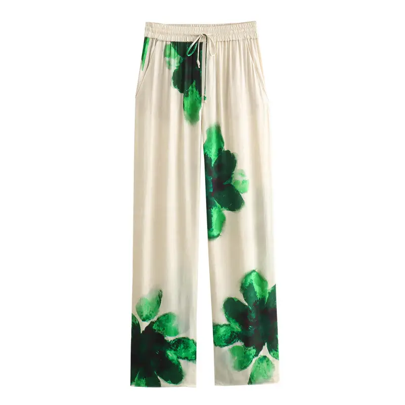 Cross-border 2024 Spring New Women's Clothing European and American-style Silk Satin Texture Flower Printed Shirt Straight Pants Set Women