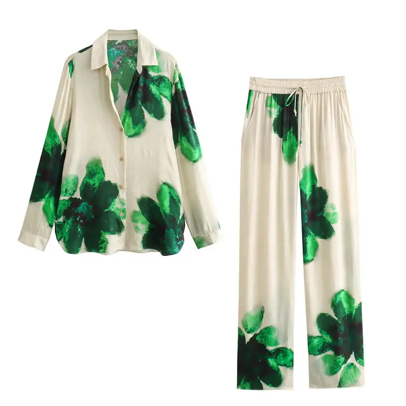 Cross-border 2024 Spring New Women's Clothing European and American-style Silk Satin Texture Flower Printed Shirt Straight Pants Set Women