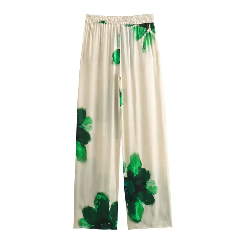 Cross-border 2024 Spring New Women's Clothing European and American-style Silk Satin Texture Flower Printed Shirt Straight Pants Set Women — feature 8