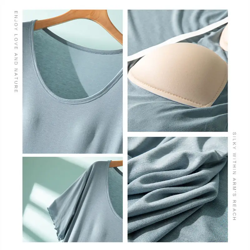 Modal One-piece Dress with Chest Pad Thin Wear-free Bra Nightdress Women's Summer Base Skirt Outer Wear A- Line Skirt