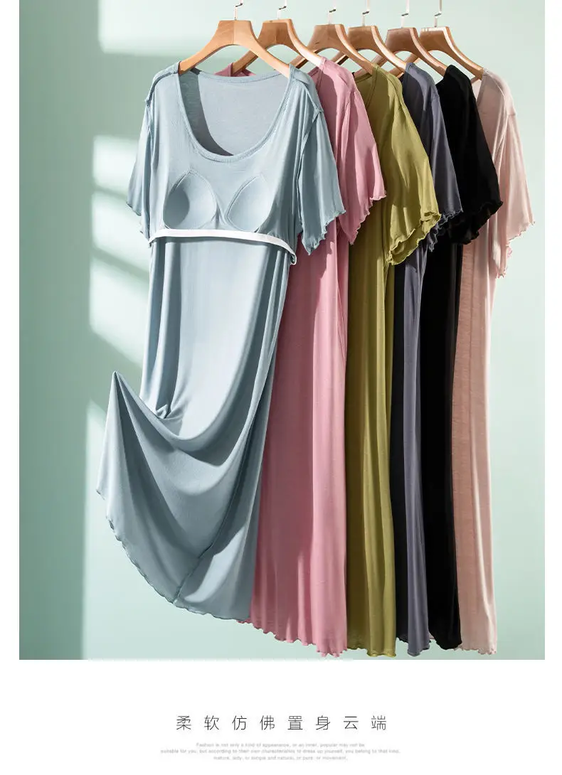 Modal One-piece Dress with Chest Pad Thin Wear-free Bra Nightdress Women's Summer Base Skirt Outer Wear A- Line Skirt — feature 8