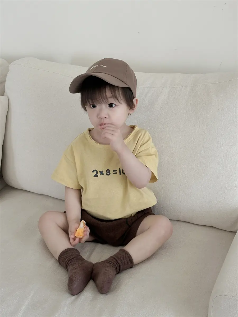 Kids Letter T-Shirt Shorts Set Brown Cap Summer Wear - Image 4