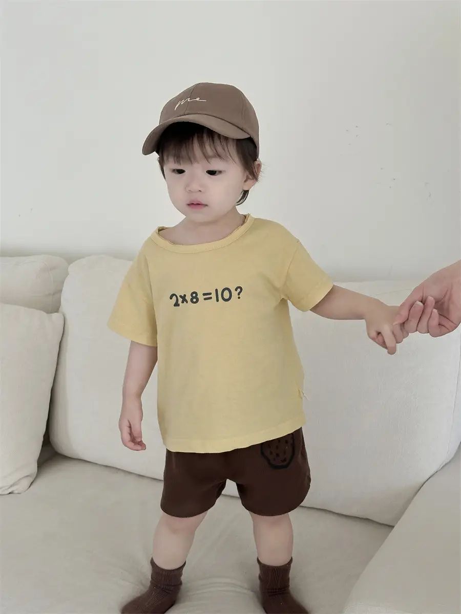 Kids Letter T-Shirt Shorts Set Brown Cap Summer Wear - Image 5