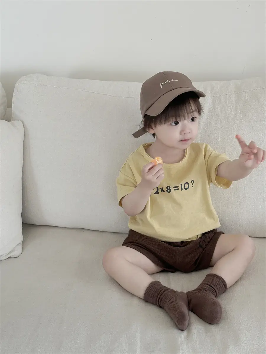 Kids Letter T-Shirt Shorts Set Brown Cap Summer Wear - Image 6