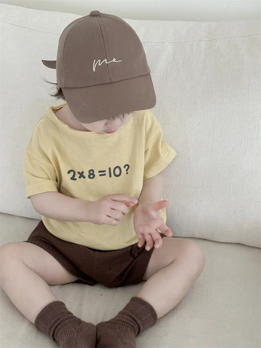 Kids Letter T-Shirt Shorts Set Brown Cap Summer Wear - Image 7