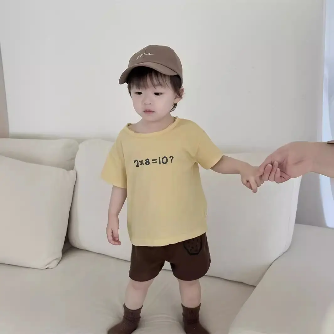 Kids Letter T-Shirt Shorts Set Brown Cap Summer Wear - Image 2