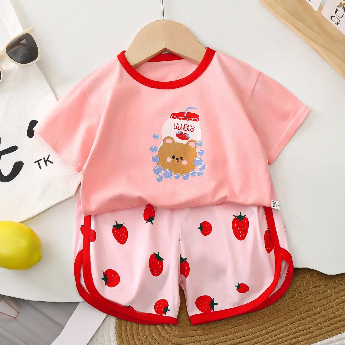 Kids Cotton Bear Print Shorts Set Summer