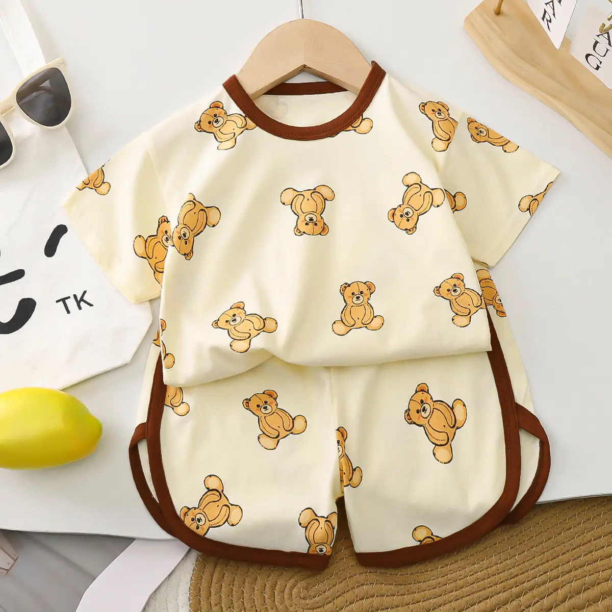 Kids Cotton Bear Print Shorts Set Summer
