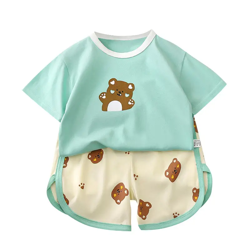 Kids Cotton Bear Print Shorts Set Summer