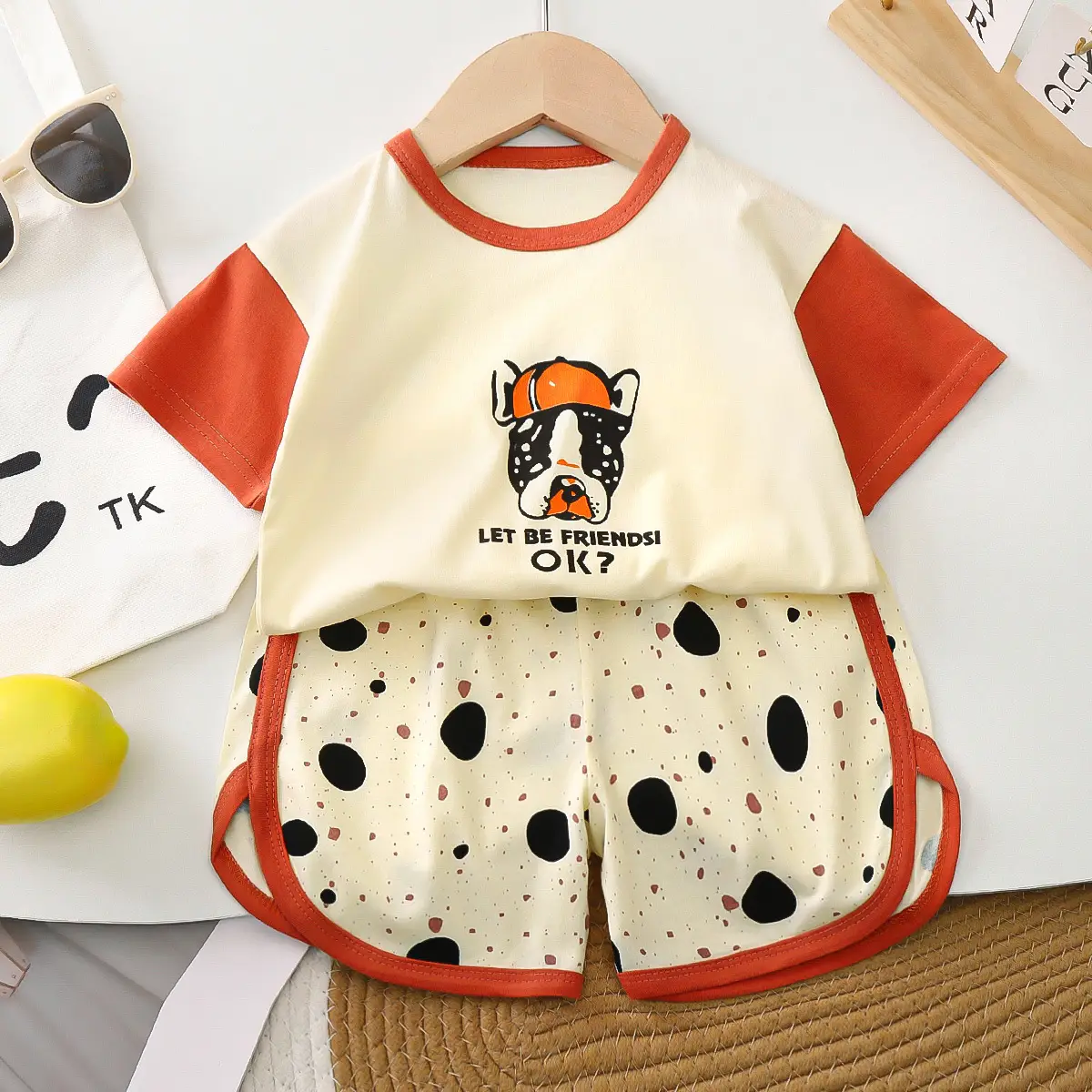 Kids Cotton Bear Print Shorts Set Summer