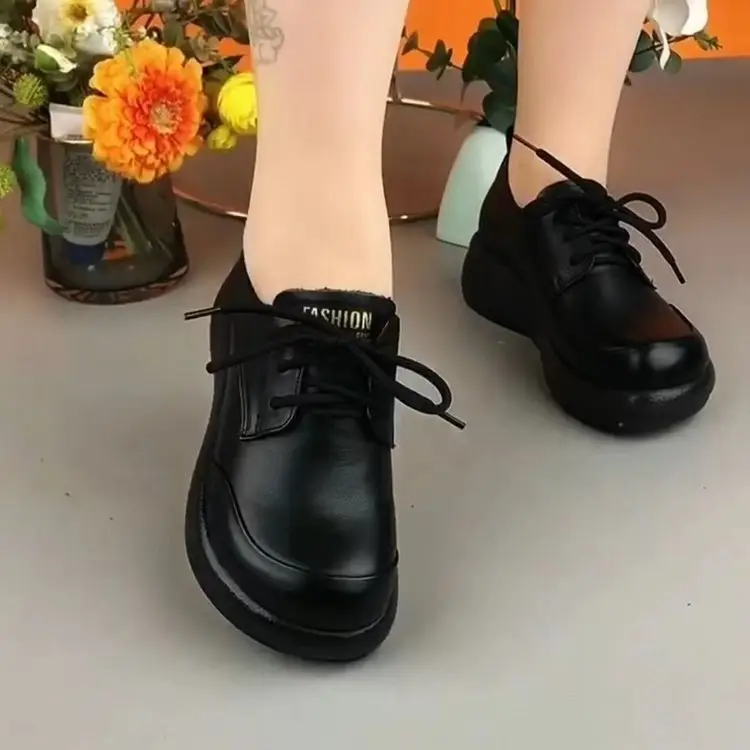 Black Round Toe Low Heels Lace-Up Casual Shoes