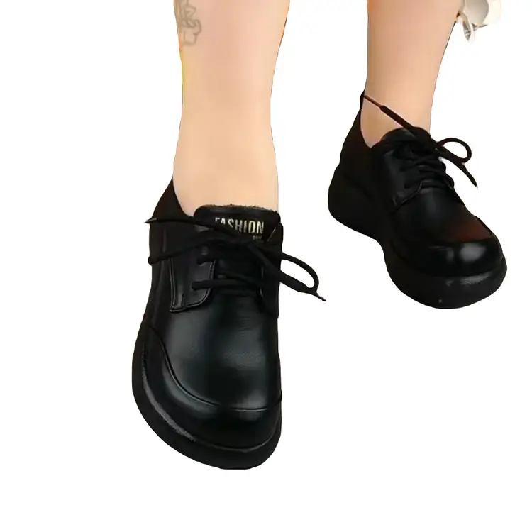 Black Round Toe Low Heels Lace-Up Casual Shoes