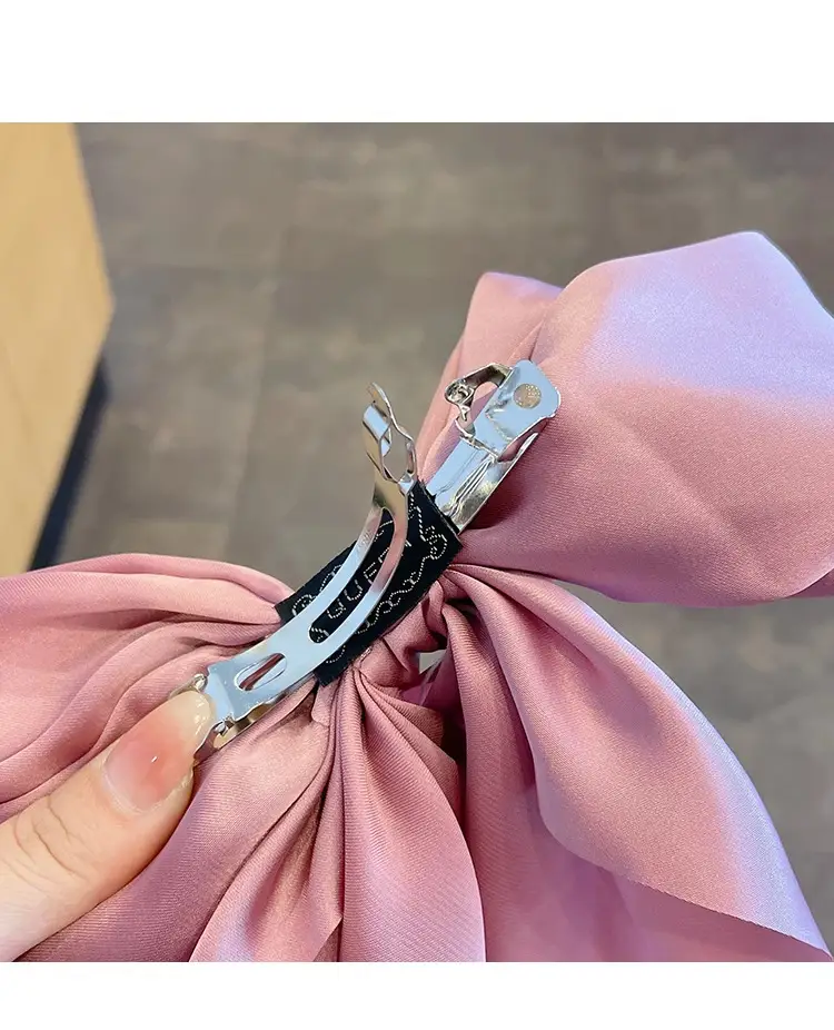 Pink Satin Vintage Bow Hairpin with Spring Clip — feature 7
