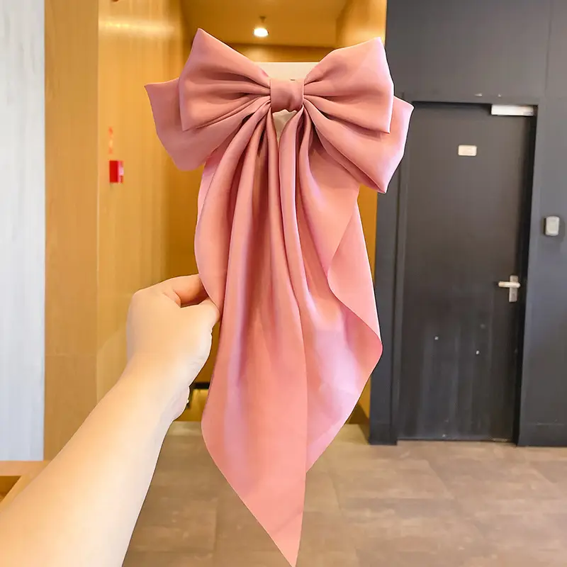 Pink Satin Vintage Bow Hairpin with Spring Clip - Image 4