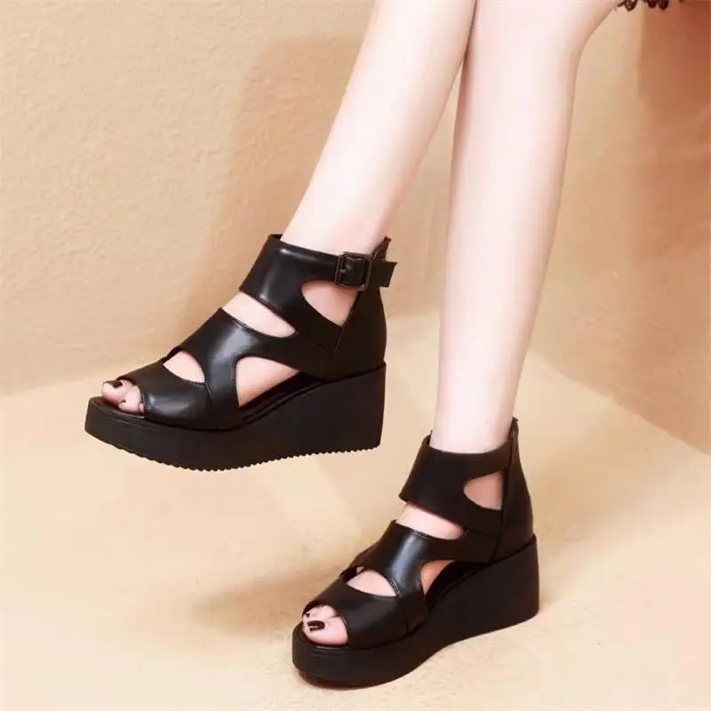 2024 Spring and Summer Women's Sandals High Heels Platform Thick Sole Sandals Wedge Peep Toe Women's Shoes Hollow Roman Shoes Breathable - Image 3