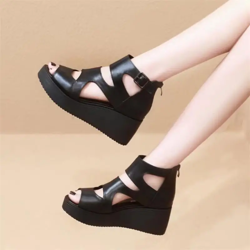 2024 Spring and Summer Women's Sandals High Heels Platform Thick Sole Sandals Wedge Peep Toe Women's Shoes Hollow Roman Shoes Breathable - Image 4