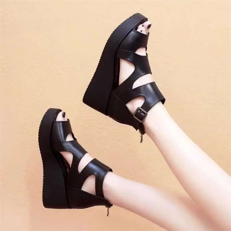 2024 Spring and Summer Women's Sandals High Heels Platform Thick Sole Sandals Wedge Peep Toe Women's Shoes Hollow Roman Shoes Breathable - Image 5