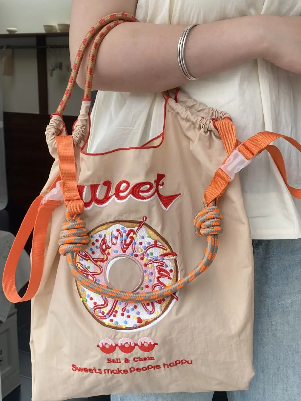 Sweet Donut Embroidered Black Tote Bag Large Capacity - Image 6