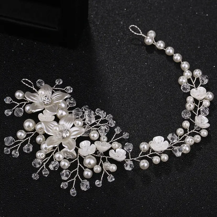 Bridal Hairband Flower Crystal Pearl White - Image 2