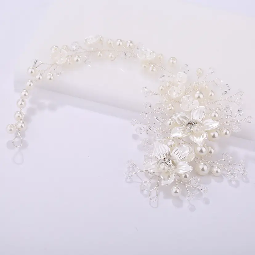 Bridal Hairband Flower Crystal Pearl White — feature 1
