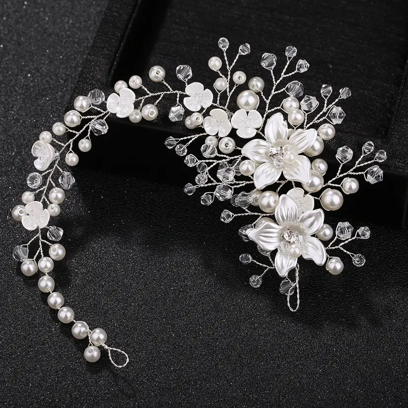 Bridal Hairband Flower Crystal Pearl White — feature 2