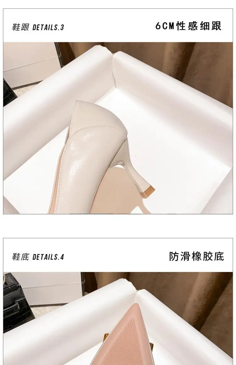 Leather Shoes Women's 2024 Spring New French Style Elegant Soft Leather Pointed Toe Shallow Square Buckle Stiletto Heel All-match High-heeled Shoes — feature 10