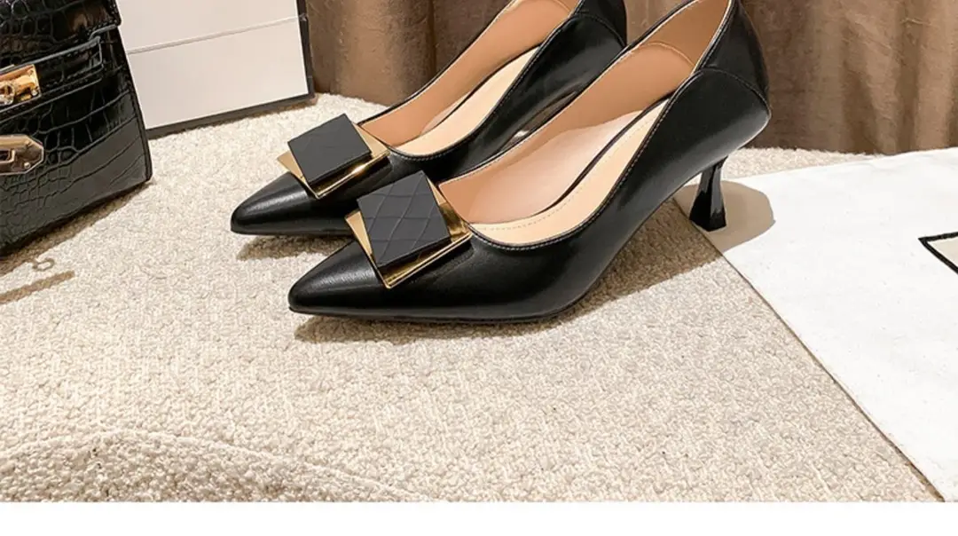 Leather Shoes Women's 2024 Spring New French Style Elegant Soft Leather Pointed Toe Shallow Square Buckle Stiletto Heel All-match High-heeled Shoes — feature 3