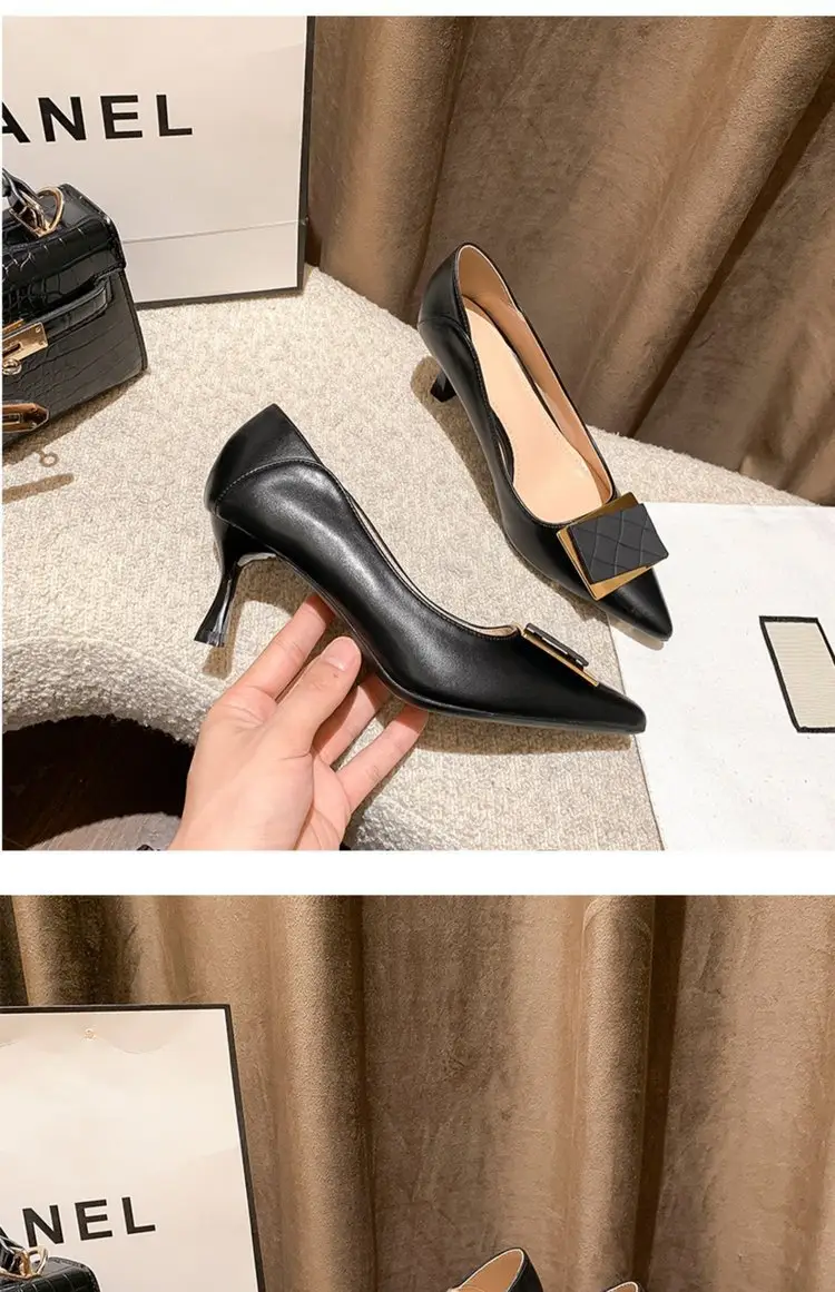 Leather Shoes Women's 2024 Spring New French Style Elegant Soft Leather Pointed Toe Shallow Square Buckle Stiletto Heel All-match High-heeled Shoes — feature 7