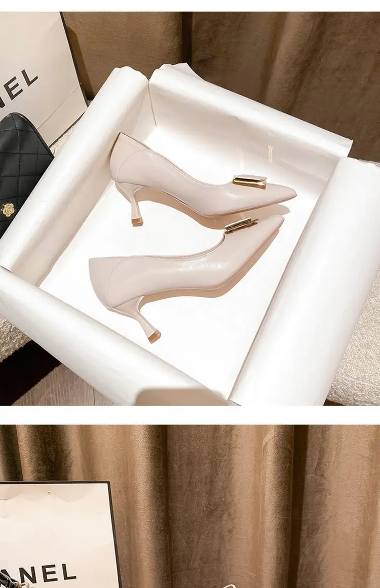 Leather Shoes Women's 2024 Spring New French Style Elegant Soft Leather Pointed Toe Shallow Square Buckle Stiletto Heel All-match High-heeled Shoes — feature 8